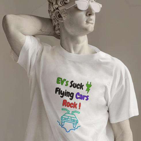 EVs Suck Flying Cars Rock T-Shirt – Bold Futuristic Anti-EV Statement Tee